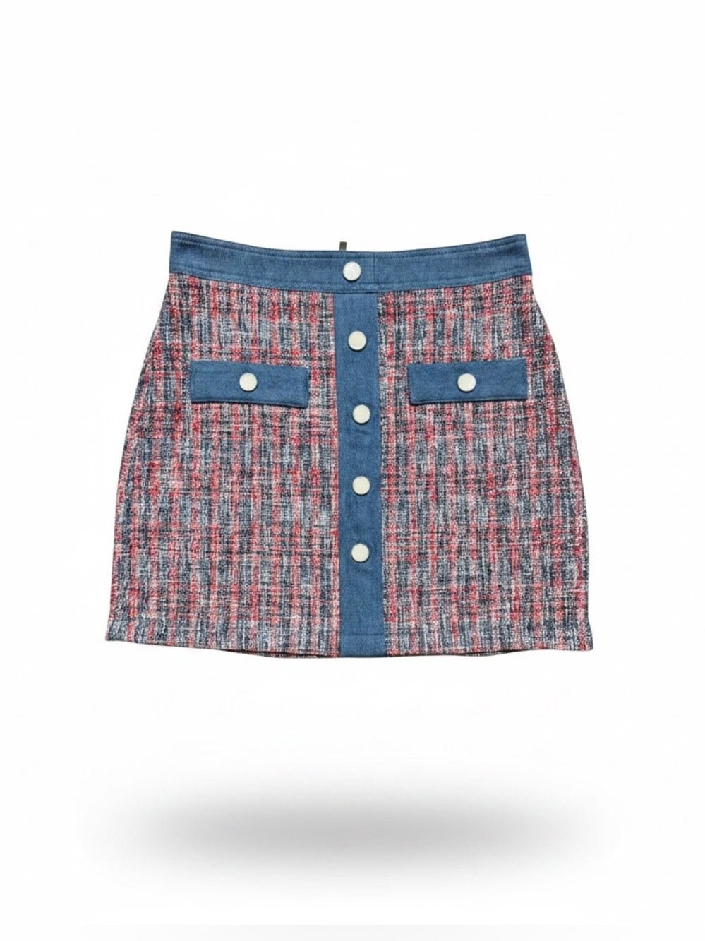 House of Harlow 1960 Red White  and Blue, denim & Tweed Button-Front Mini Skirt